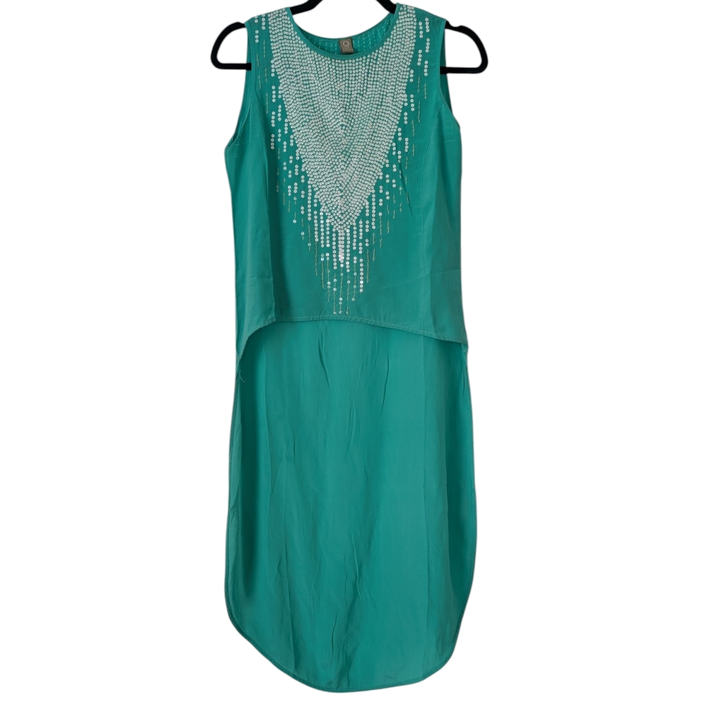 Otto Jade Silk Sleeveless Hi-Lo Top with White Sequins Sz M